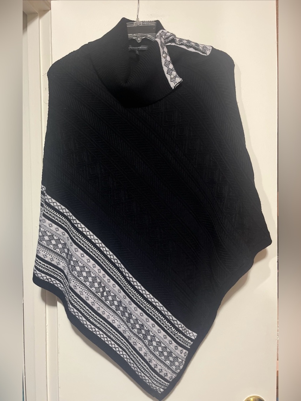 White House Black Market Black Poncho with White Patterned Silver Sparkly Trim
